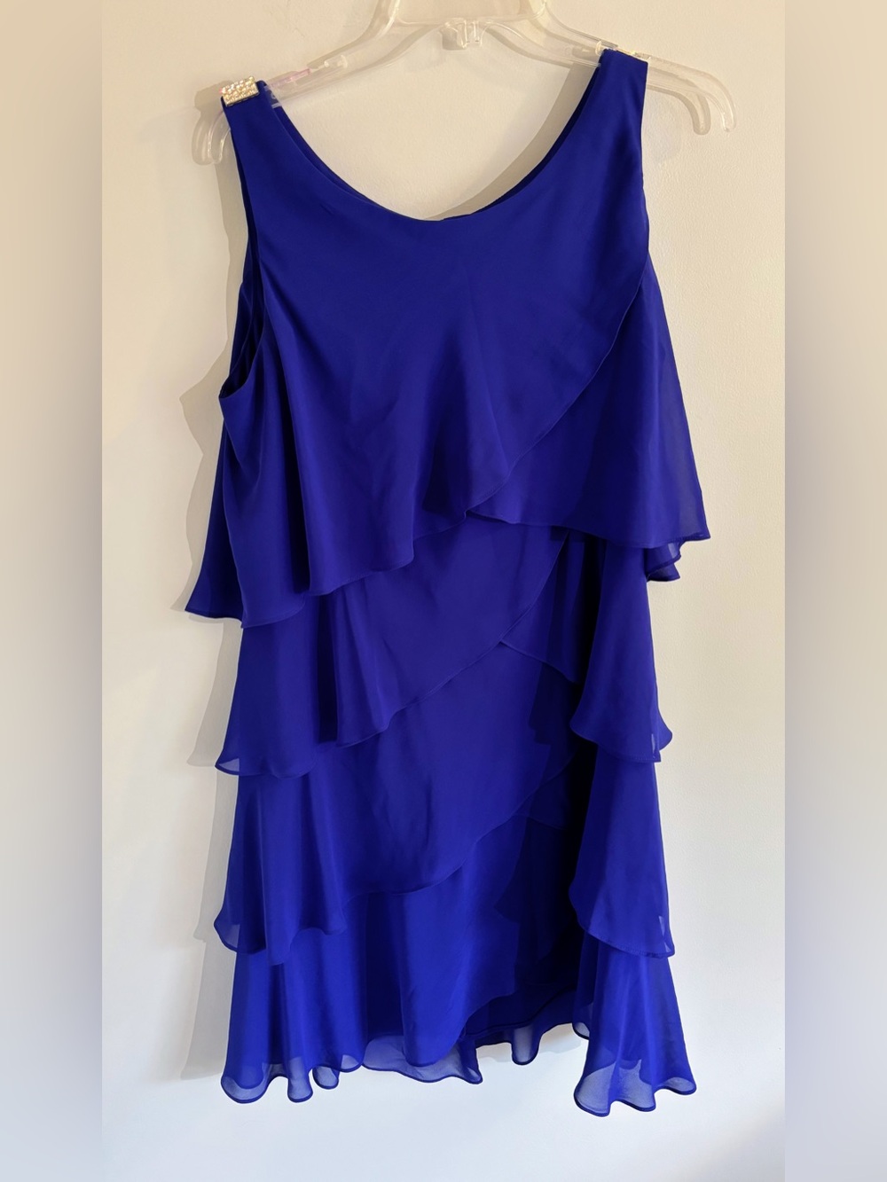 S L Fashions Royal Blue Tiered Chiffon Dress Rhinestone Size 14